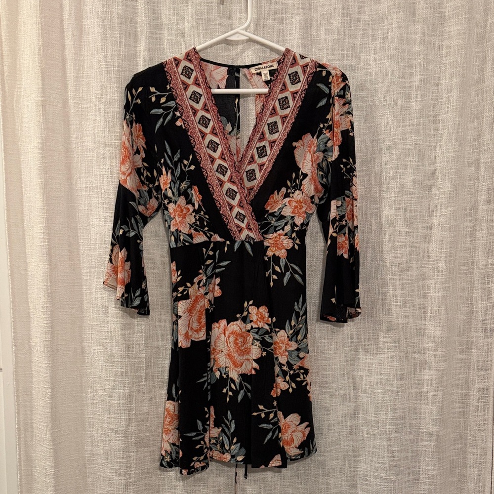 Billabong Black Floral Mini Dress with Pink and Orange floral print